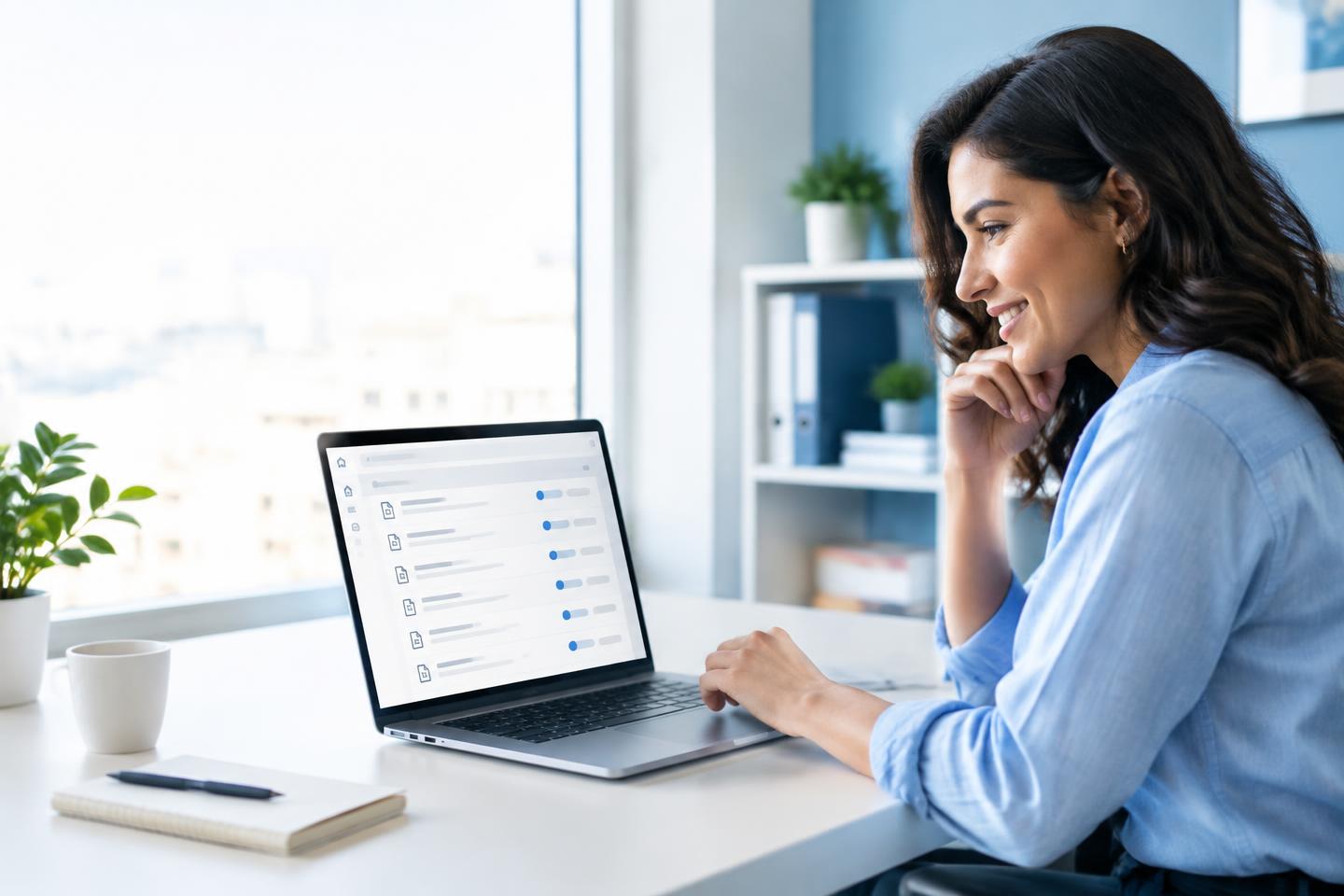 Profissional consultando documentos em um computador